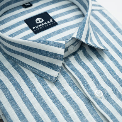 Ash Blue Vertical Stripes Cotton Linen Shirt for Men