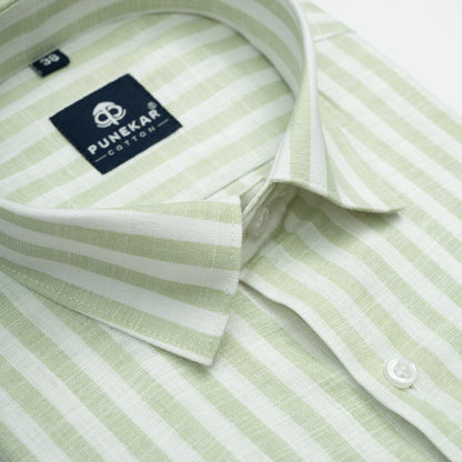 Mint Green Vertical Stripes Cotton Linen Shirt for Men