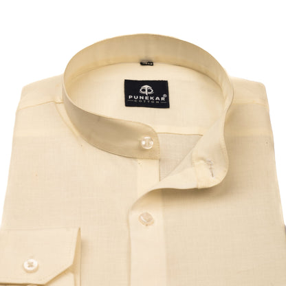 Off White Color Band Collar Solid Shirt For Men - Punekar Cotton