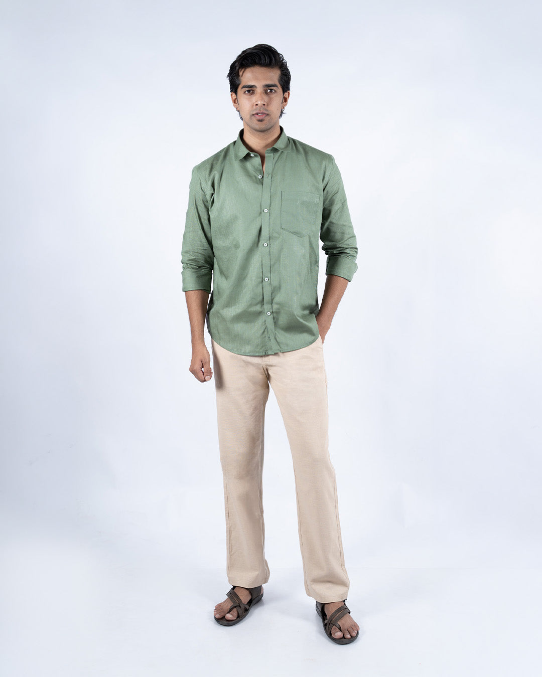 Beige Everyday Cotton Linen Straight-Fit Pants for Men