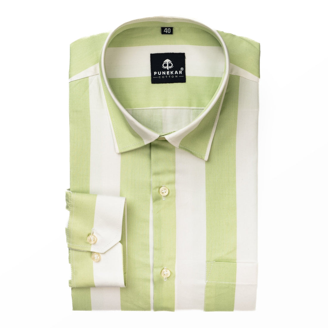 Pista Green Color Stripe Shirt For Men - Punekar Cotton