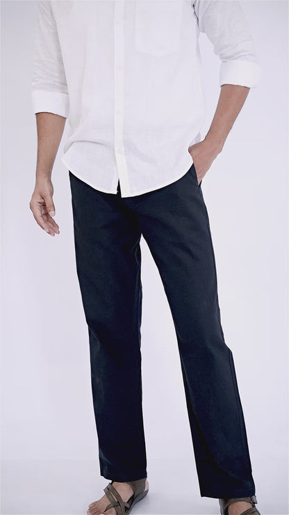 Navy Blue Everyday Cotton Linen Straight-Fit Pants for Men