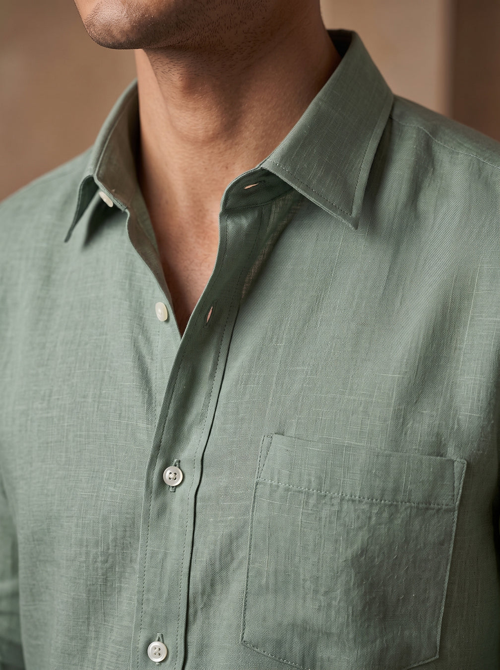 Sage Green Color 80s Lino Lyocell Shirt For Men - Punekar Cotton