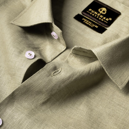 Sage Khaki Color 60Lea Pure Linen Shirt For Men - Punekar Cotton