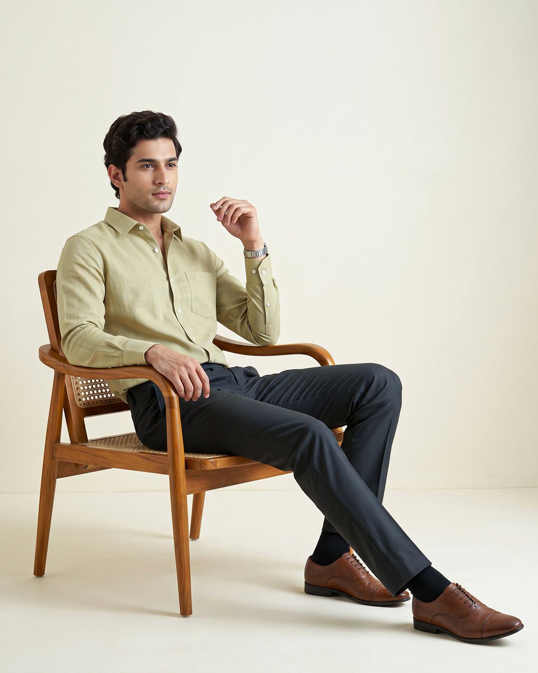 Sand Khaki Color 80s Lino Lyocell Shirt For Men - Punekar Cotton