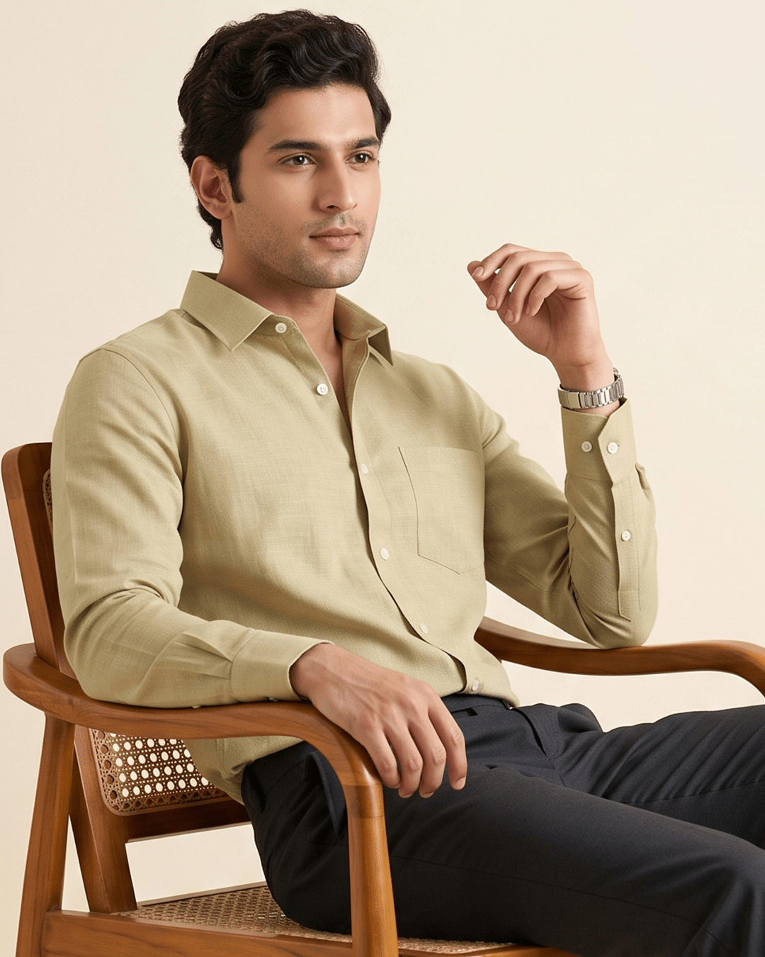 Sand Khaki Color 80s Lino Lyocell Shirt For Men - Punekar Cotton