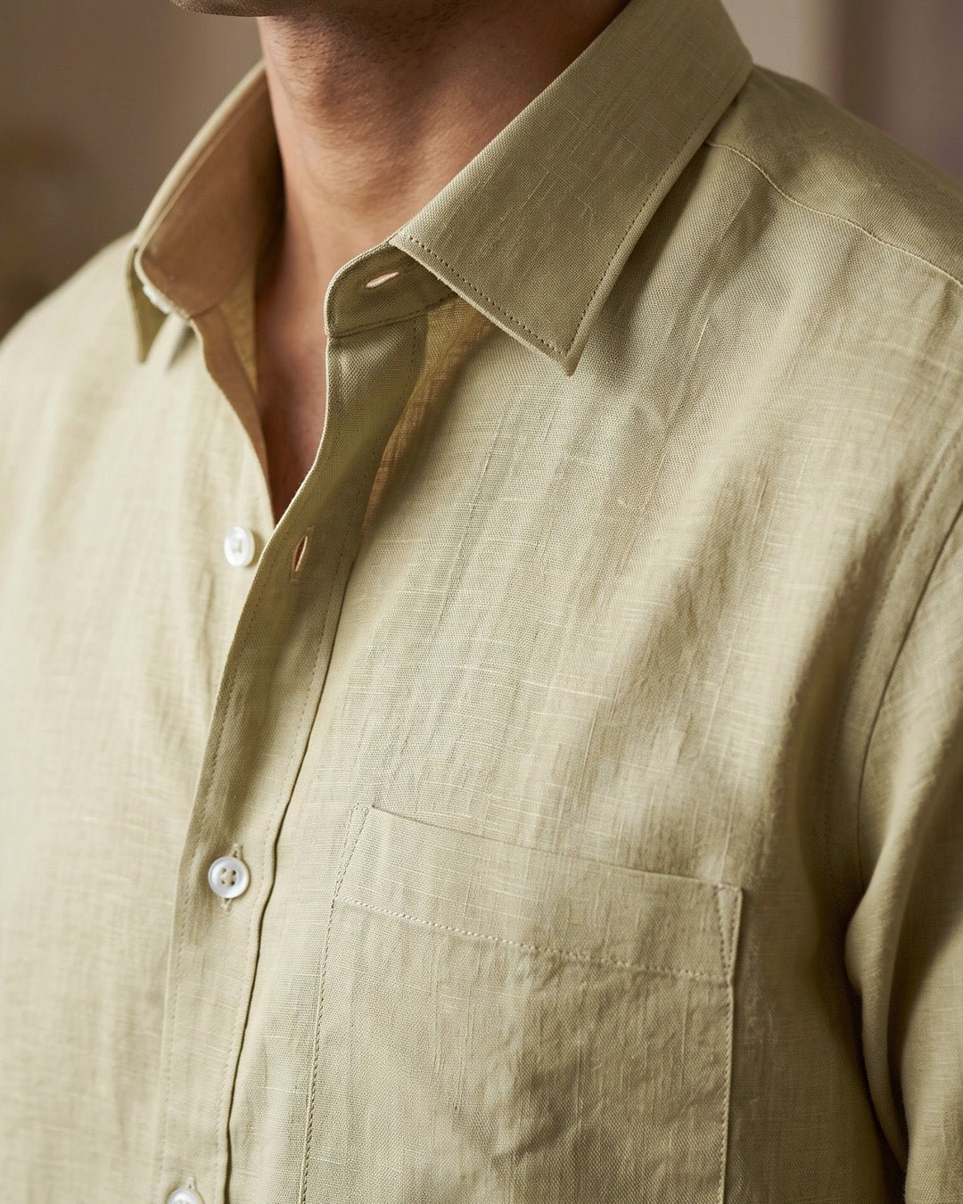 Sand Khaki Color 80s Lino Lyocell Shirt For Men - Punekar Cotton