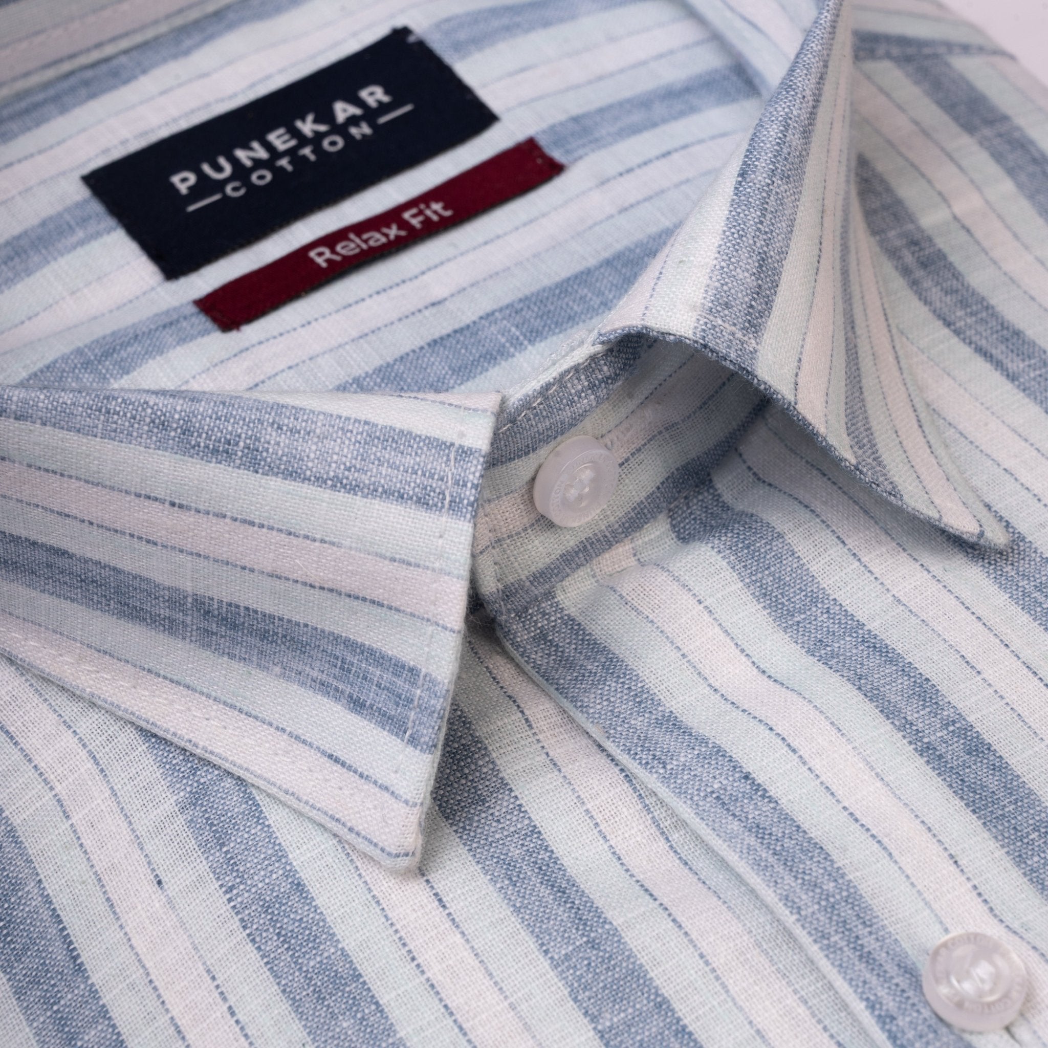 Sky Blue Colour Vertical Cotton Blend Striped Shirt For Men - Punekar Cotton