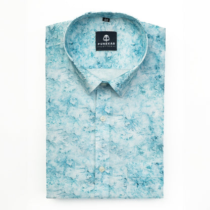 Sky Blue Leaf Printed Wool Cotton Shirt For Men - Punekar Cotton