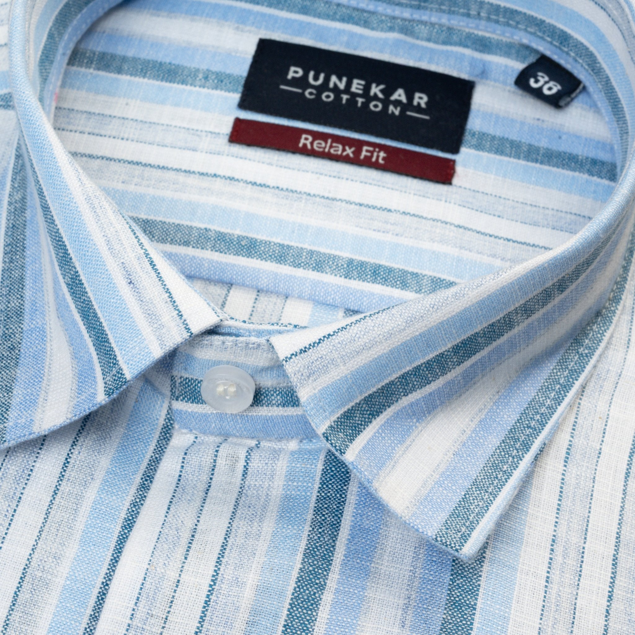 Sky Blue &amp; White Striped Blend Cotton Shirt for Men - Punekar Cotton