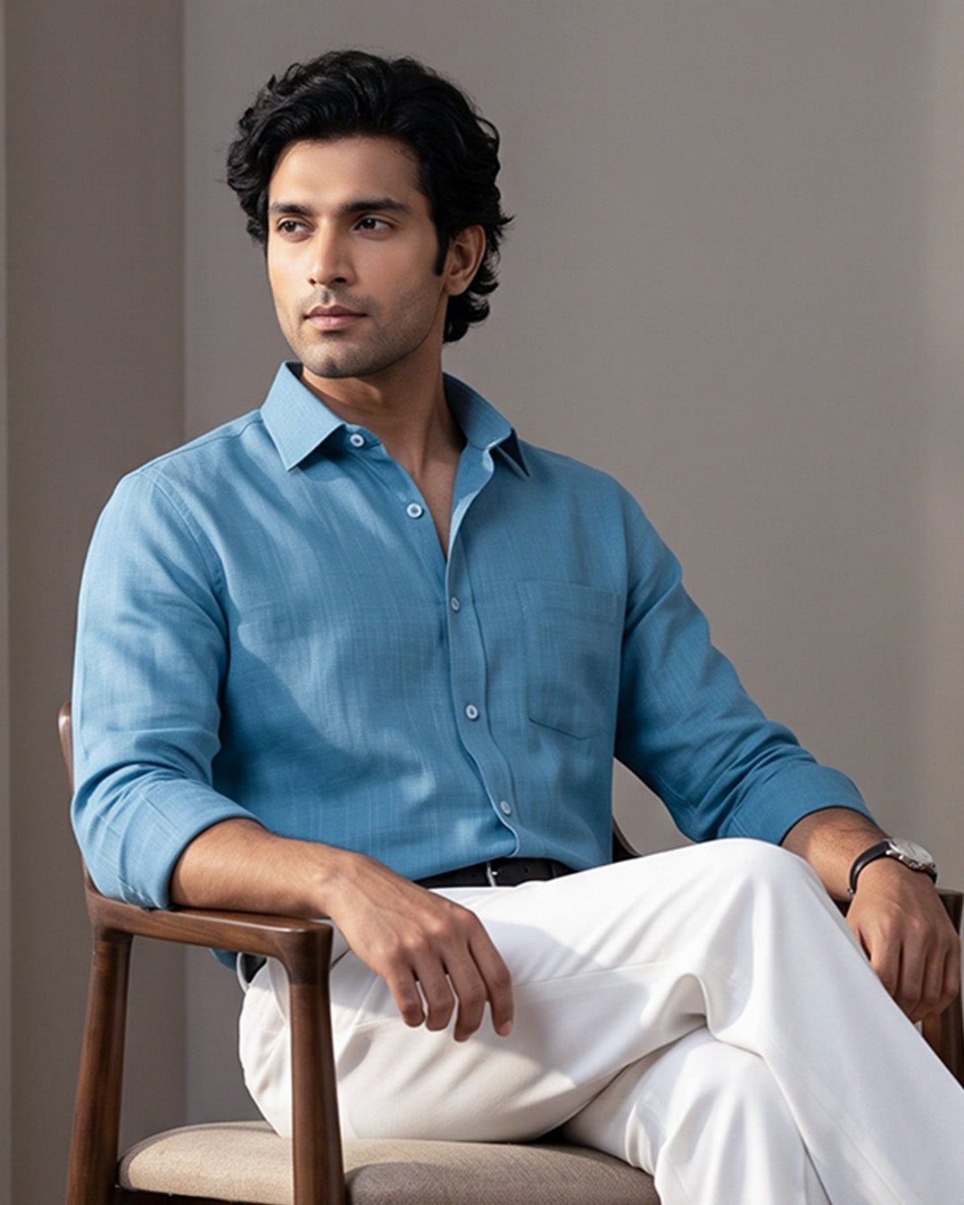 Slate Blue Color 80s Lino Lyocell Shirt For Men - Punekar Cotton