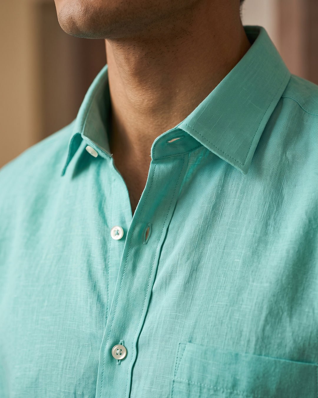 Turquoise Color 80s Lino Lyocell Shirt For Men - Punekar Cotton