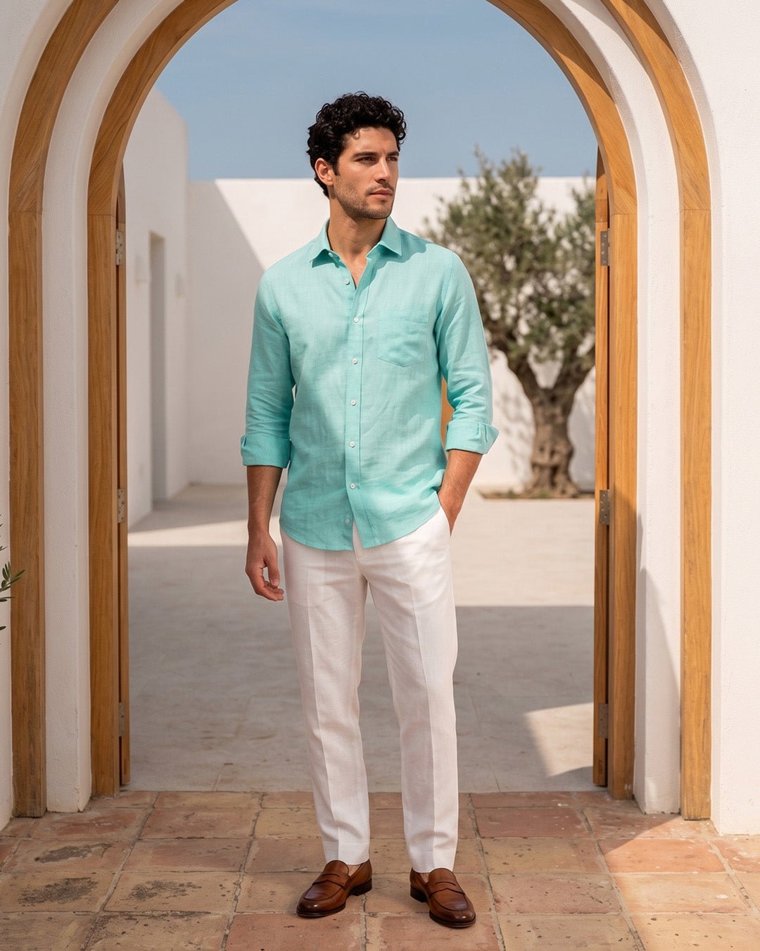 Turquoise Color 80s Lino Lyocell Shirt For Men - Punekar Cotton