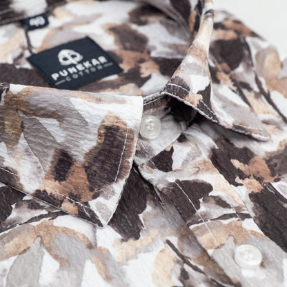White Color Leaf Printed Popcorn Shirt For Men - Punekar Cotton
