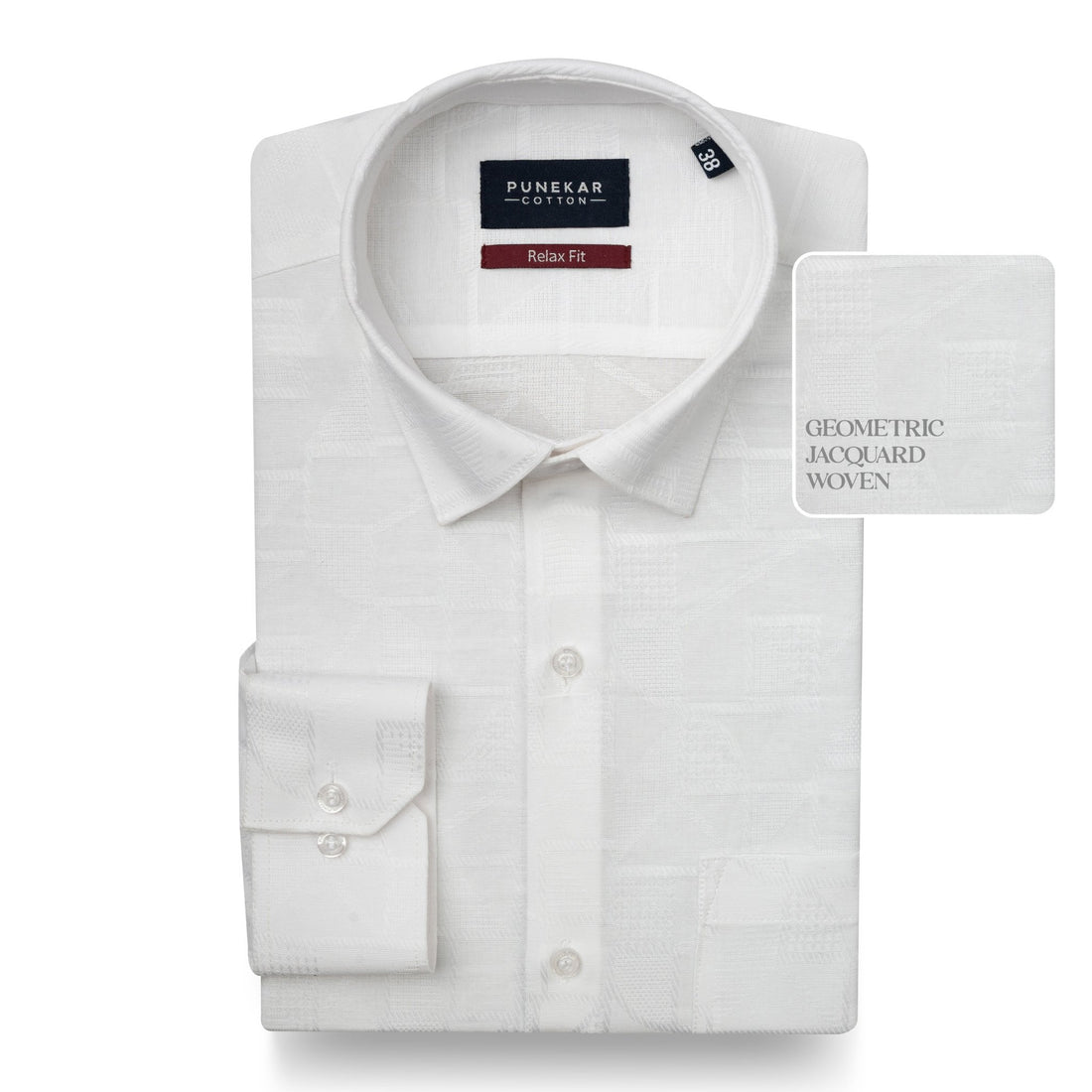White Colour Geometric Jacquard Texture Shirt for Men - Punekar Cotton