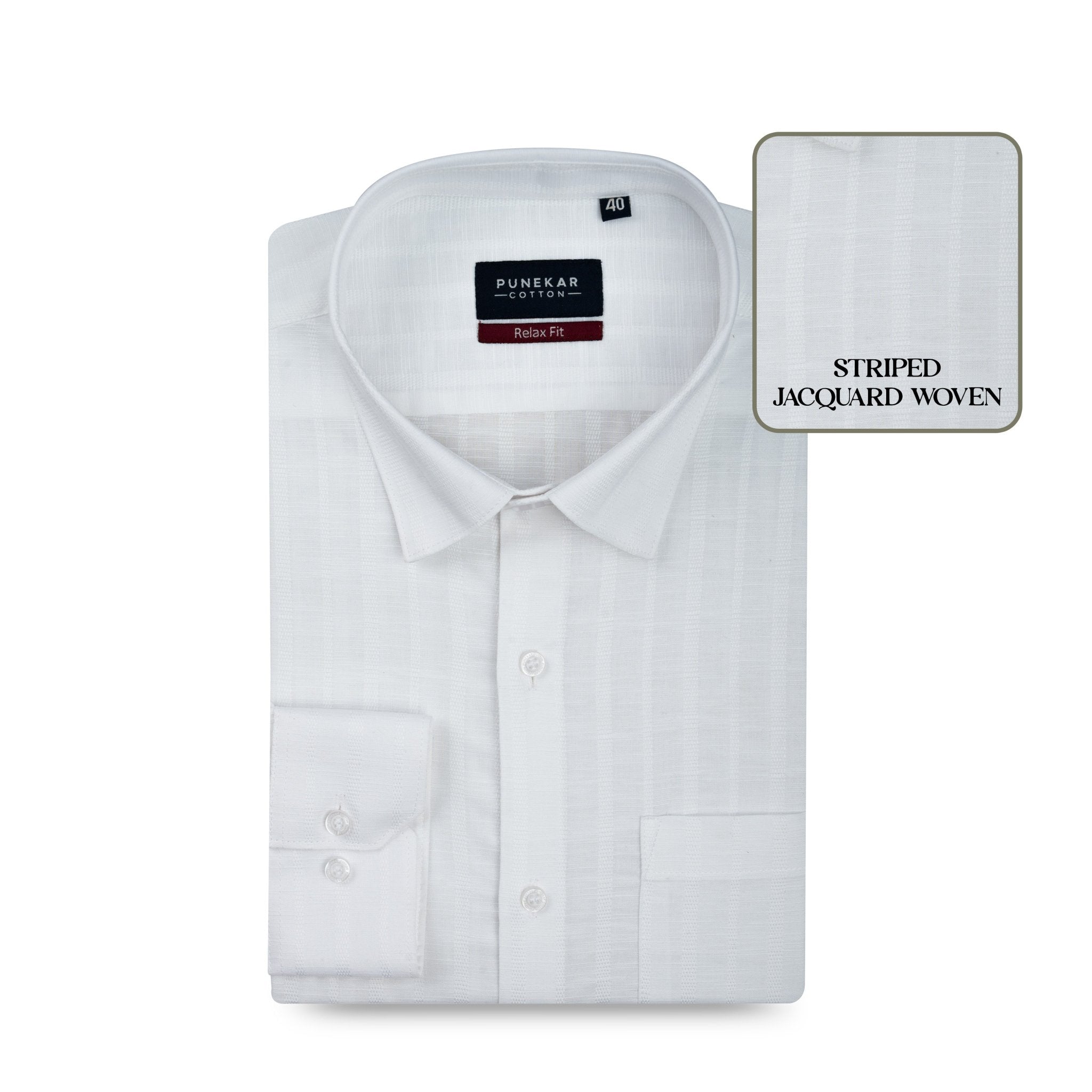 White Colour Vertical Stripe Textured Jacquard Shirt for Men - Punekar Cotton