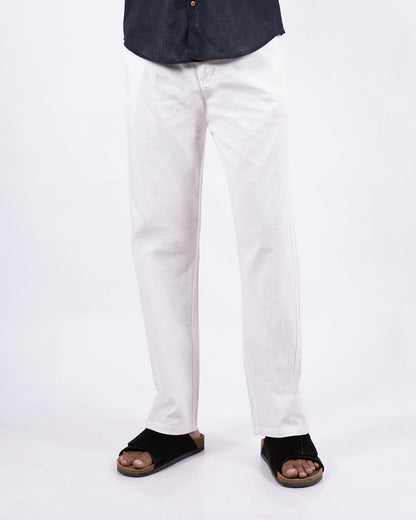 White Everyday Cotton Linen Straight-Fit Pants for Men