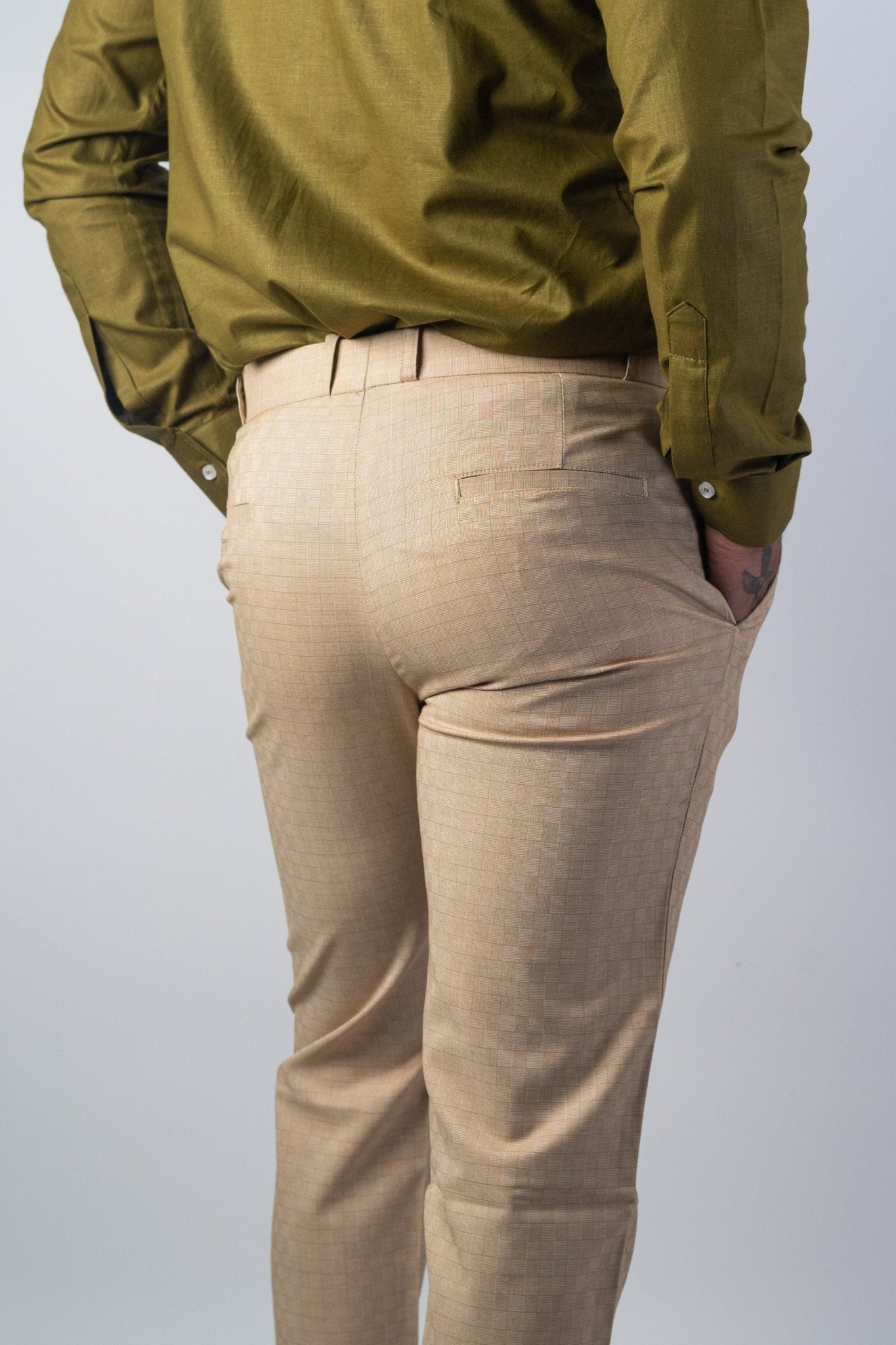 Beige Color Checks Texture Formal Cotton Pant for Men - Punekar Cotton