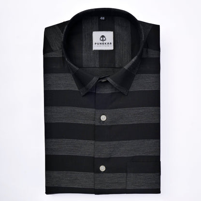 Black Color Cotton Stripe Shirt For Men - Punekar Cotton