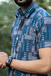 Blue Color Popcorn Moroccan Printed Shirt For Men - Punekar Cotton