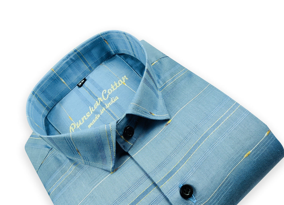 Blue Color Pure Cotton Panelled Butta Stripes Shirts For Men&