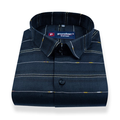 Navy Blue Color Pure Cotton Panelled Butta Stripes Shirts For Men&