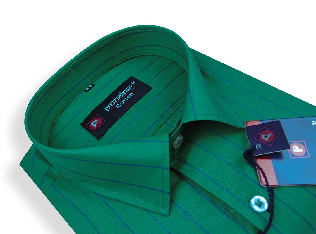 Dark Green Color Lining Pure Cotton Shirt For Men - Punekar Cotton