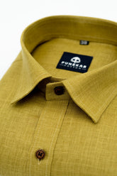 Dark Yellow Color Blended Linen Shirt For Men's - Punekar Cotton