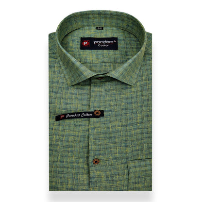 Green Color Cotton Self Woven Checks Handmade Shirts For Men&