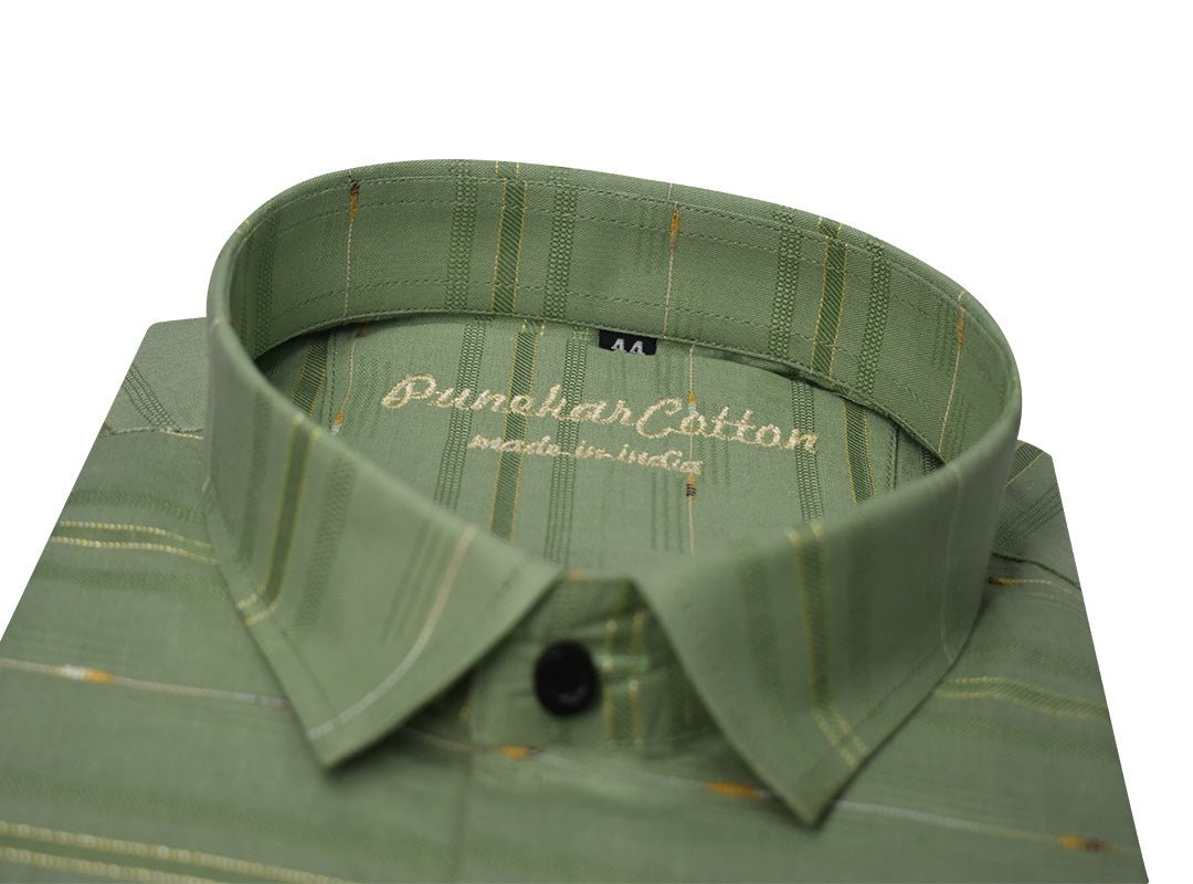 Green Color Pure Cotton Panelled Butta Stripes Shirts For Men&