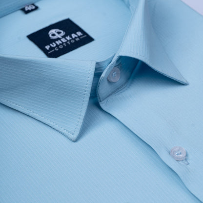 Light Blue Color Lining Texture Lycra Cotton Shirt For Men - Punekar Cotton
