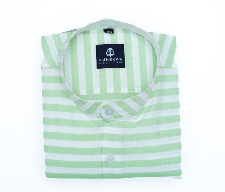 Light Green Color Stand Collar Strips Shirts For Men - Punekar Cotton