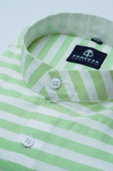 Light Green Color Stand Collar Strips Shirts For Men - Punekar Cotton