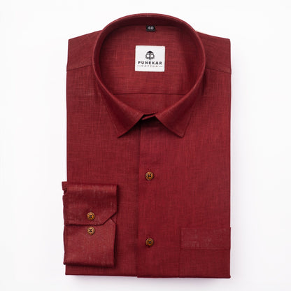 Maroon Color Linen Formal Shirts For Men - Punekar Cotton