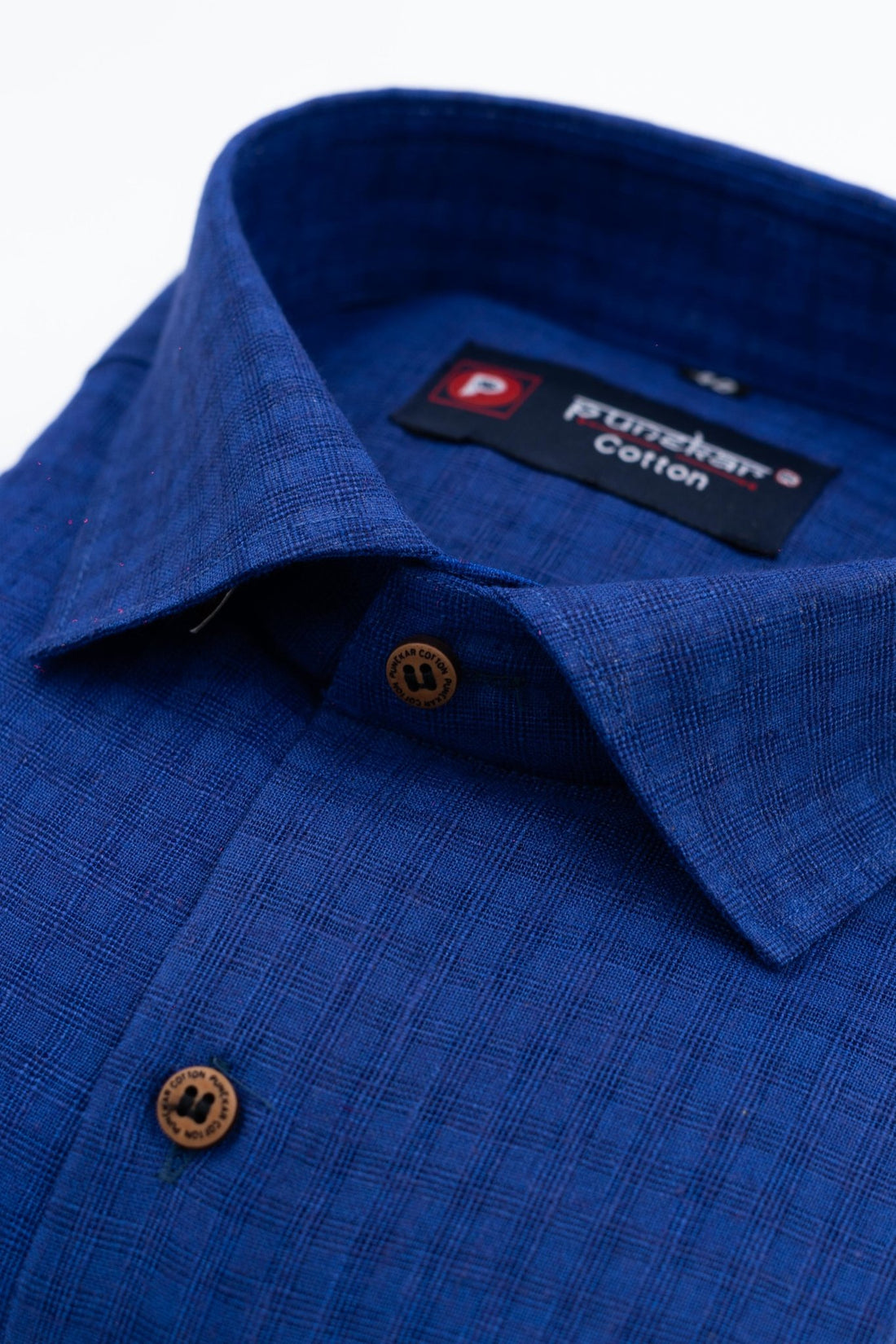 Navy Blue Color Cotton Self Woven Checks Handmade Shirts For Men&