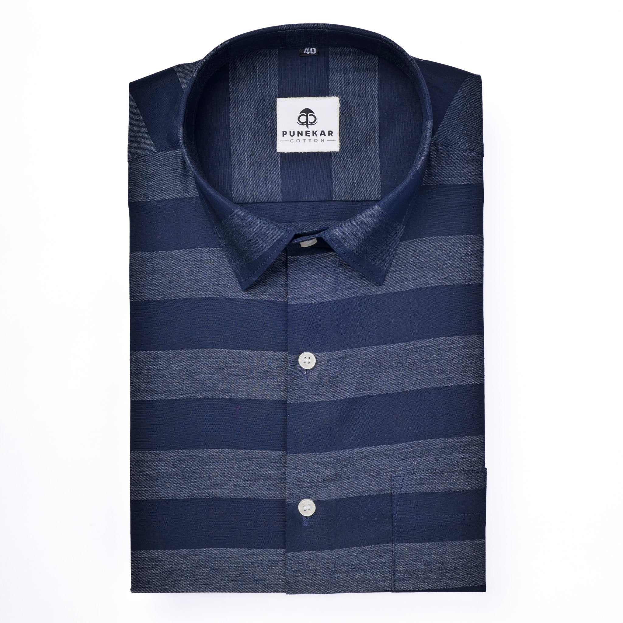 Navy Blue Color Cotton Stripe Shirt For Men - Punekar Cotton