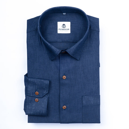 Navy Blue Color Linen Formal Shirts For Men - Punekar Cotton