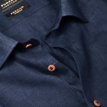 Navy Blue Color Prime Linen Shirt For Men - Punekar Cotton
