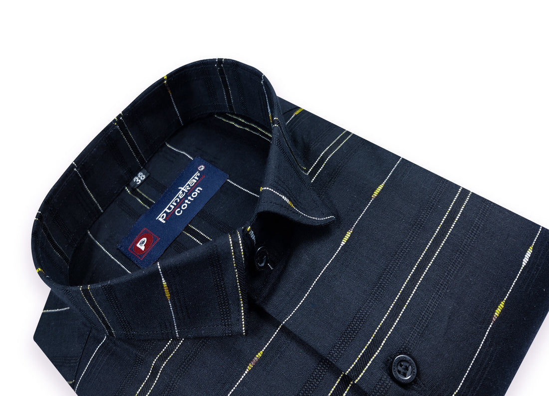 Navy Blue Color Pure Cotton Panelled Butta Stripes Shirts For Men&