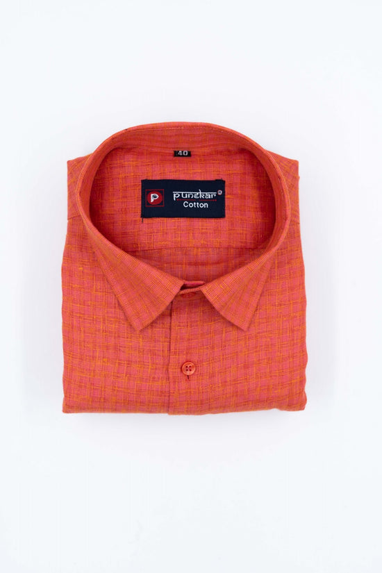 Orange Color Cotton Self Woven Checks Handmade Shirts For Men's - Punekar Cotton