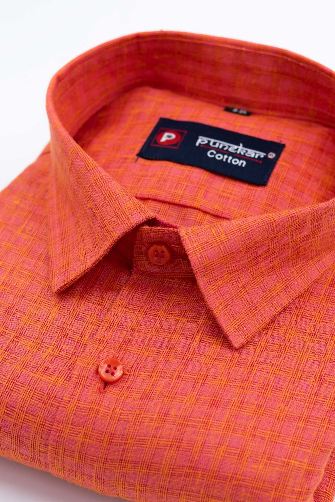 Orange Color Cotton Self Woven Checks Handmade Shirts For Men&