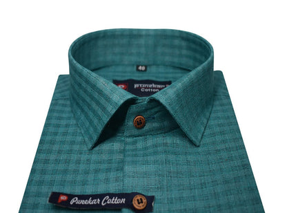 Peacock Color Cotton Self Woven Checks Handmade Shirts For Men&