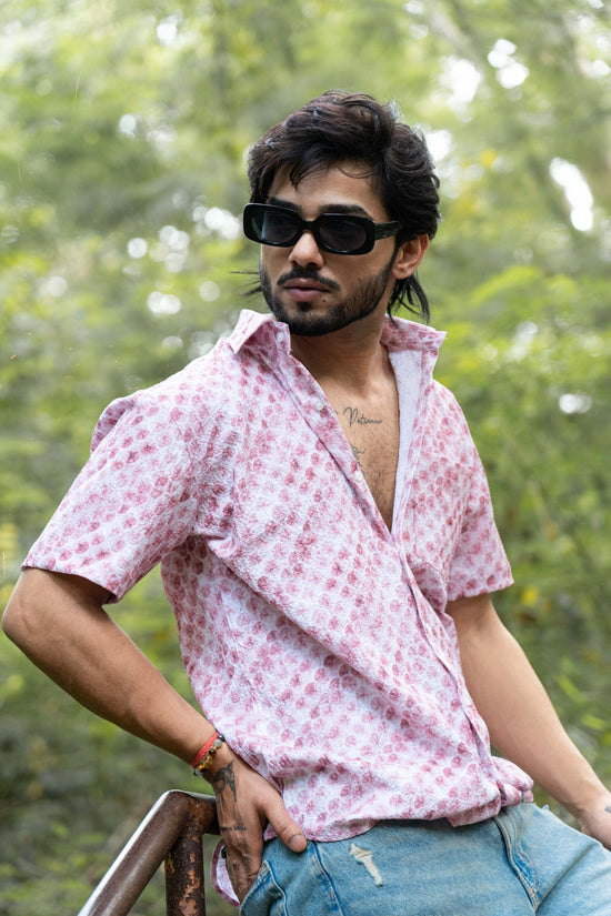 Pink Color Popcorn Moroccan Printed Shirt For Men - Punekar Cotton