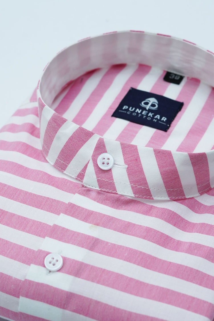 Pink Color Stand Collar Strips Shirts For Men - Punekar Cotton