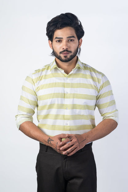 Pista Green Color Cotton Stripe Shirt For Men - Punekar Cotton