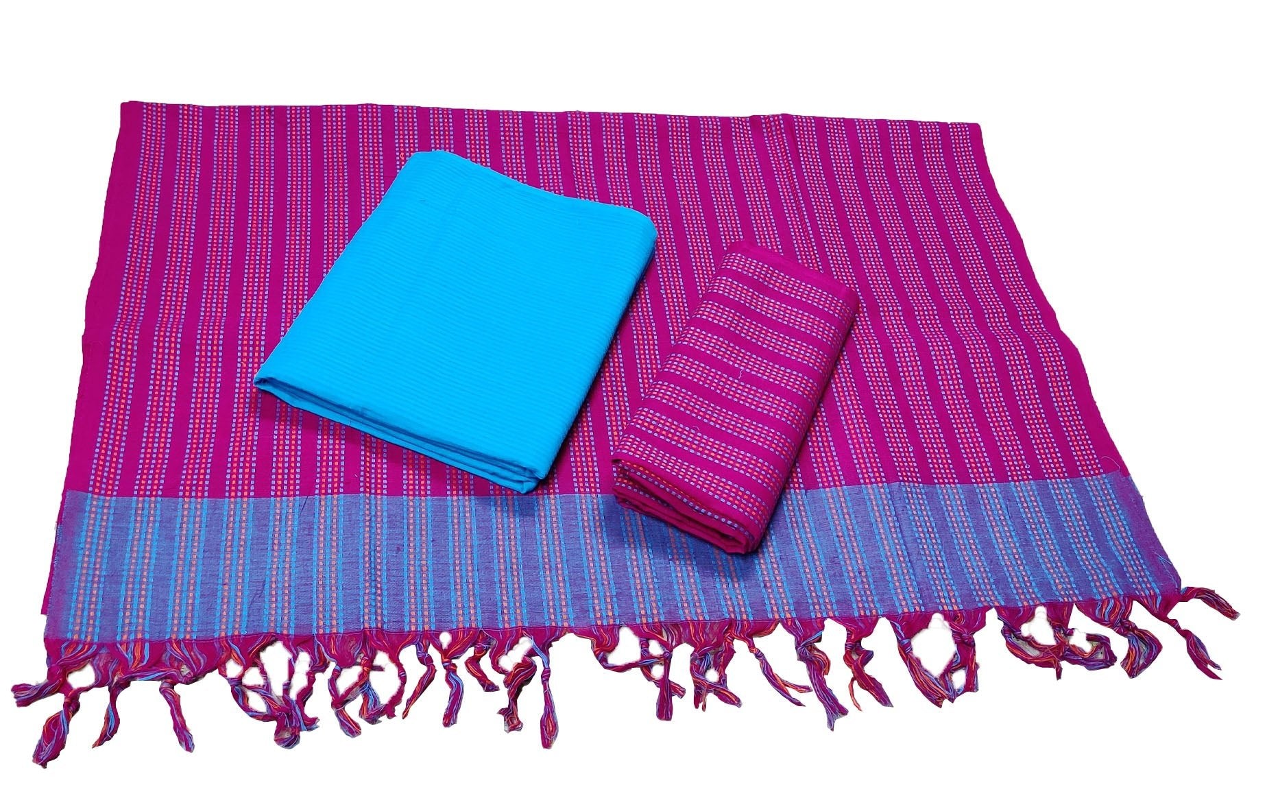 Punekar Cotton 100% Handloom Cotton Blue &amp; Pink Color Women Dress Unstitched Fabric - Punekar Cotton
