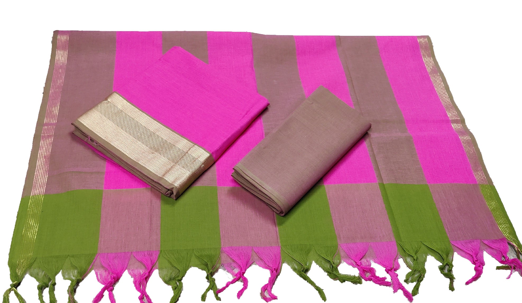 Punekar Cotton 100% Handloom Cotton Brown &amp; Pink Color Women Dress Unstitched Fabric - Punekar Cotton