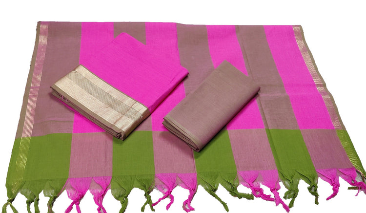 Punekar Cotton 100% Handloom Cotton Brown & Pink Color Women Dress Unstitched Fabric - Punekar Cotton