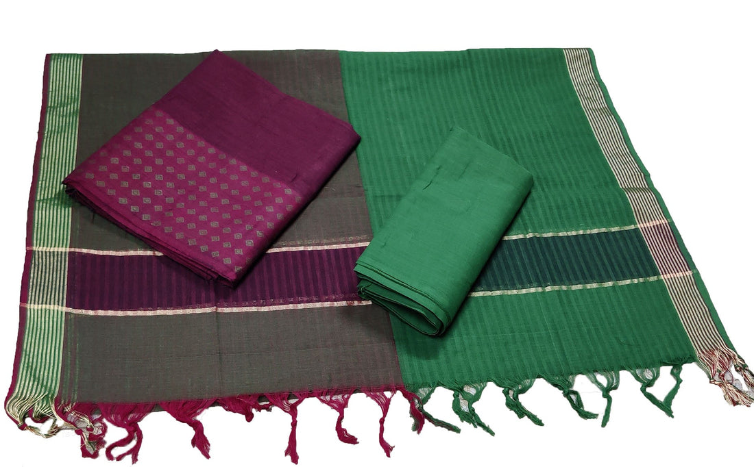 Punekar Cotton 100% Handloom Cotton Forest Green Color Women Dress Unstitched Fabric - Punekar Cotton