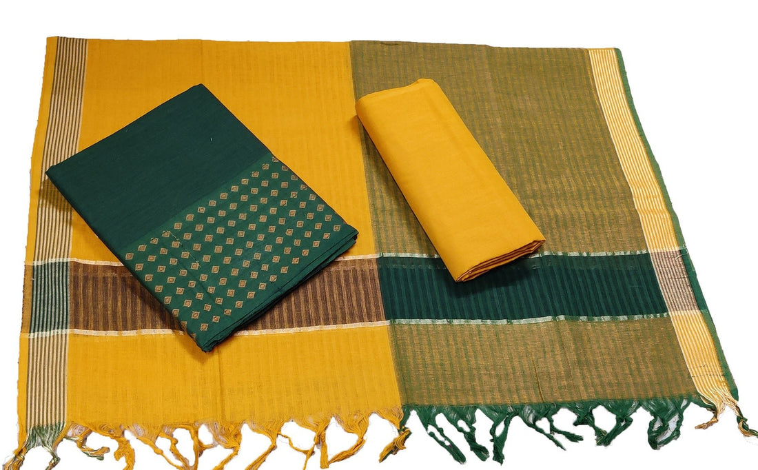 Punekar Cotton 100% Handloom Cotton Green &amp; Yellow Color Women Dress Unstitched Fabric - Punekar Cotton